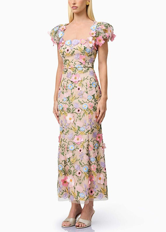 Kale Puff Sleeve Flower Maxi Dress