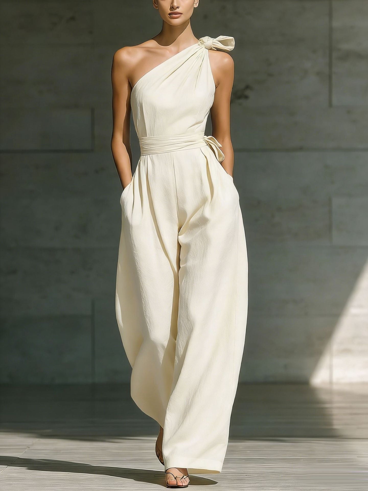 Herse One Shoulder Twist Baggy Jumpsuit In White