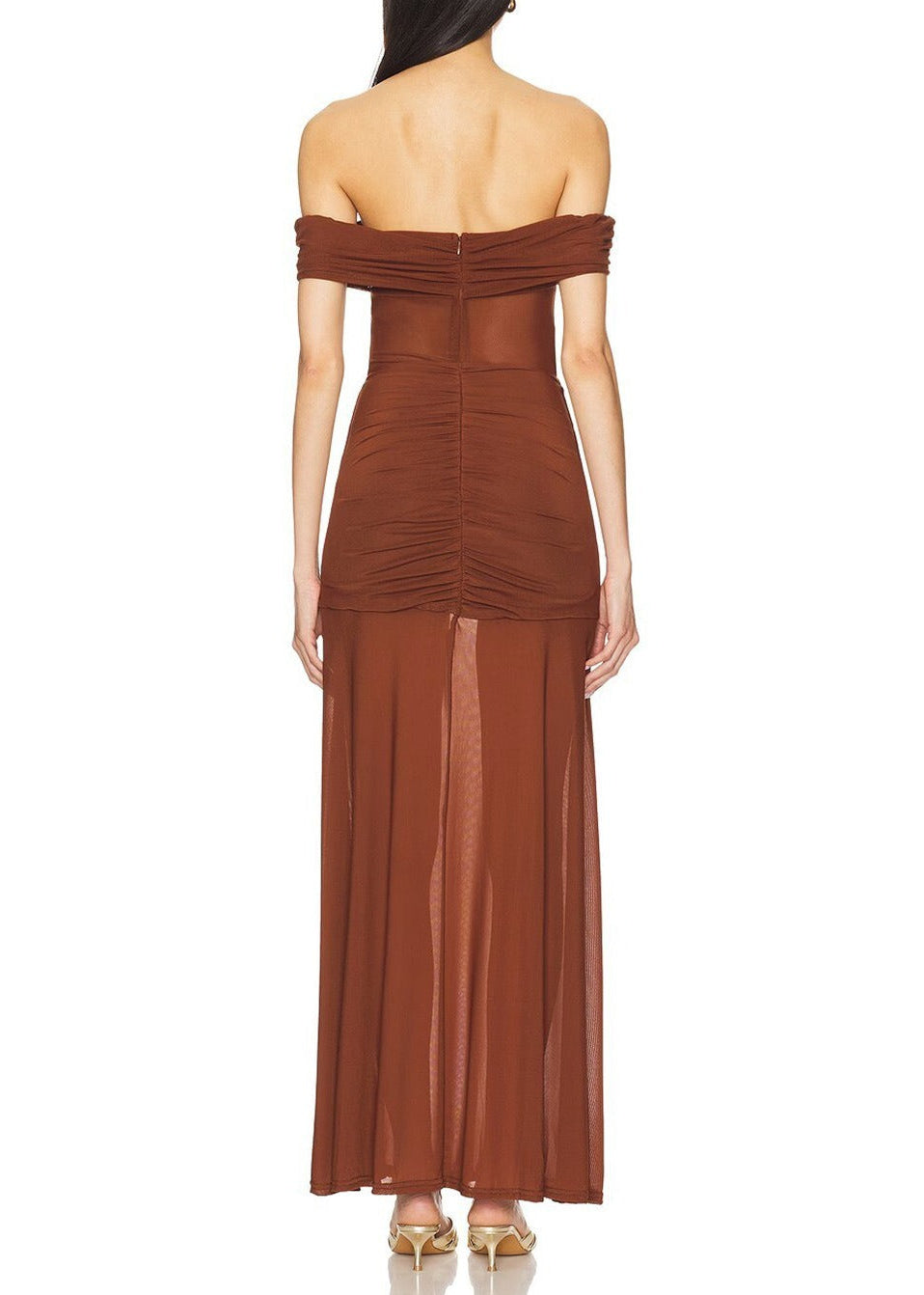 Franze Off Shoudler Mesh Ruch Maxi Dress