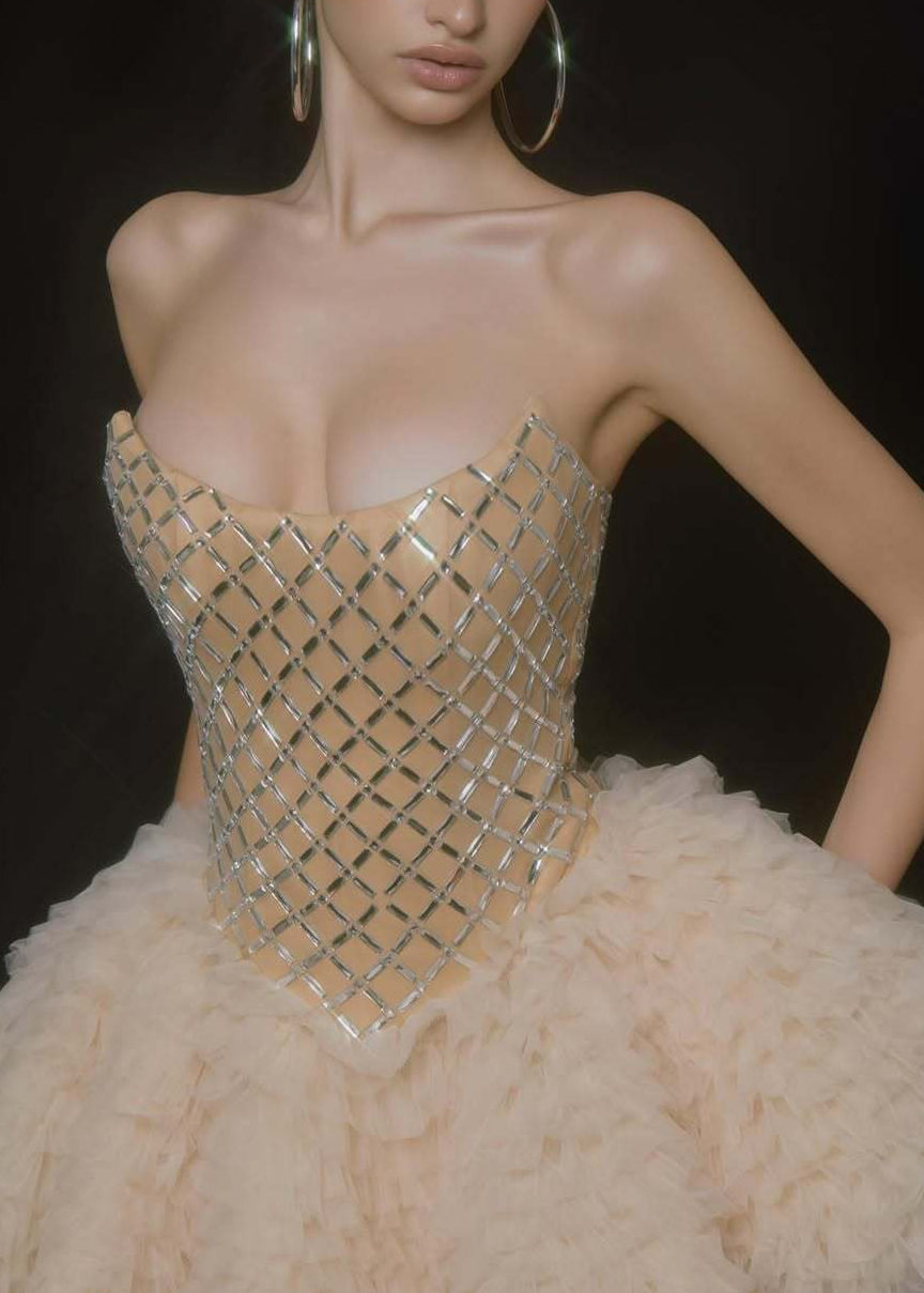 Kanaifu Strapless Rhinestone Puffy Mini Dress