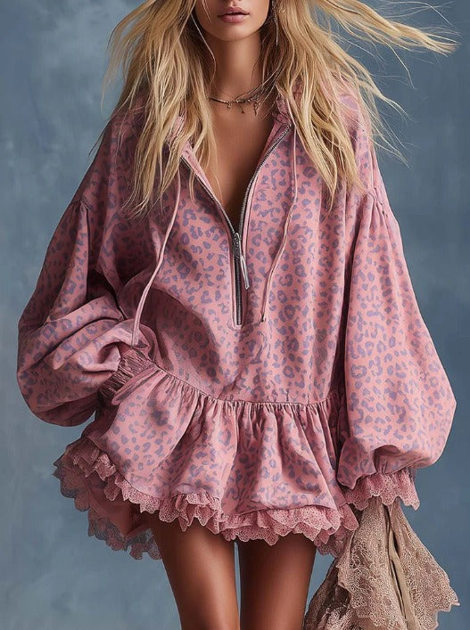 Kyla Hooded Leopard Ruffle Mini Dress