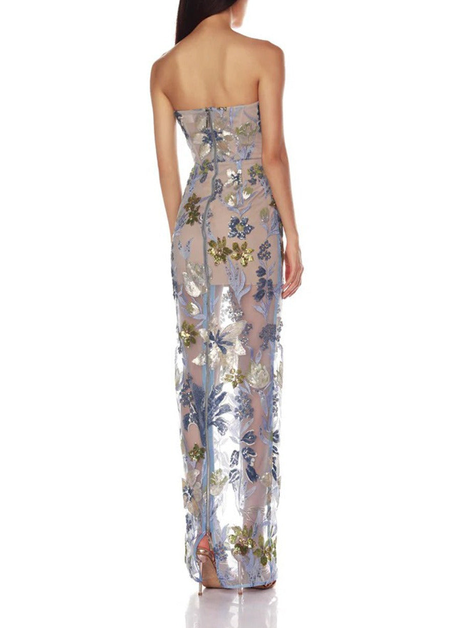 Denice Strapless Sequin Floral Maxi Dress