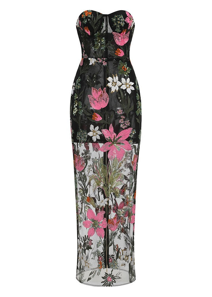 Denice Sequin Floral Mesh Maxi Dress