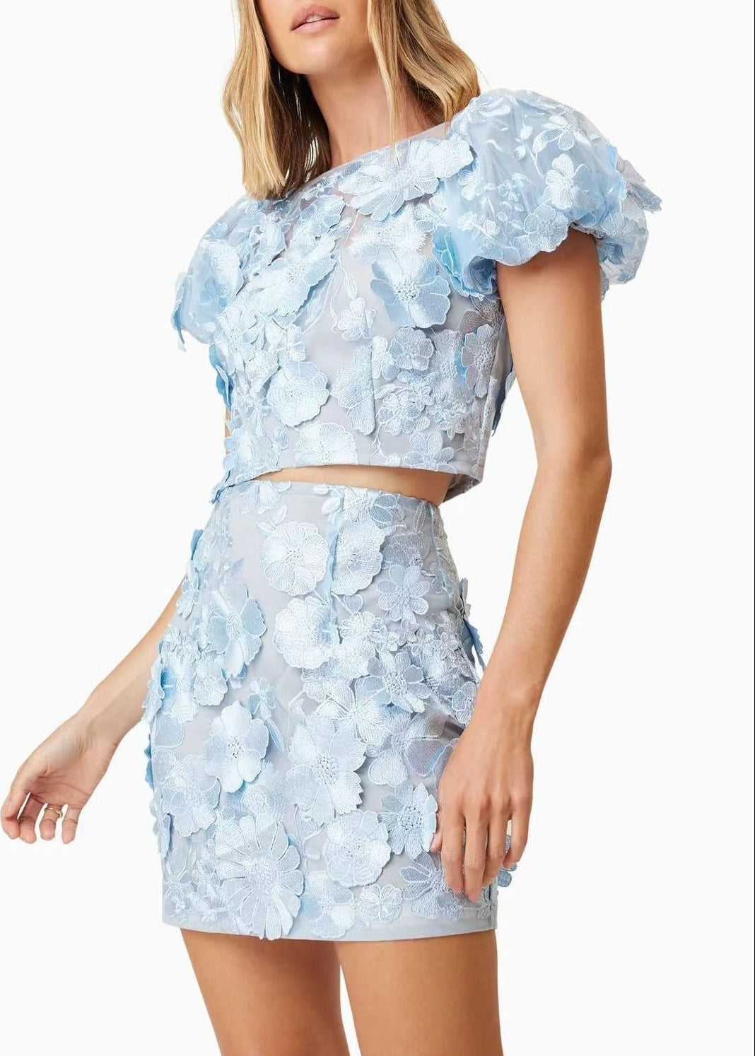 Kayaliya Puff Sleeve Flower Skirt Set