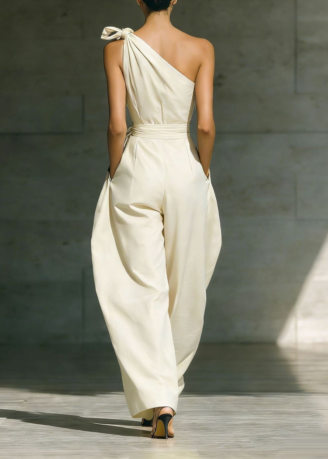 Herse One Shoulder Twist Baggy Jumpsuit In White