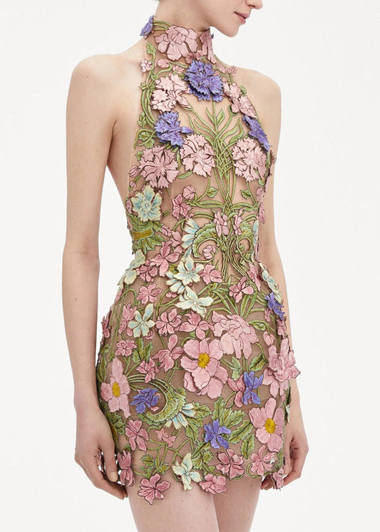 Jayanta Backless Embroidered Flower Mini Dress