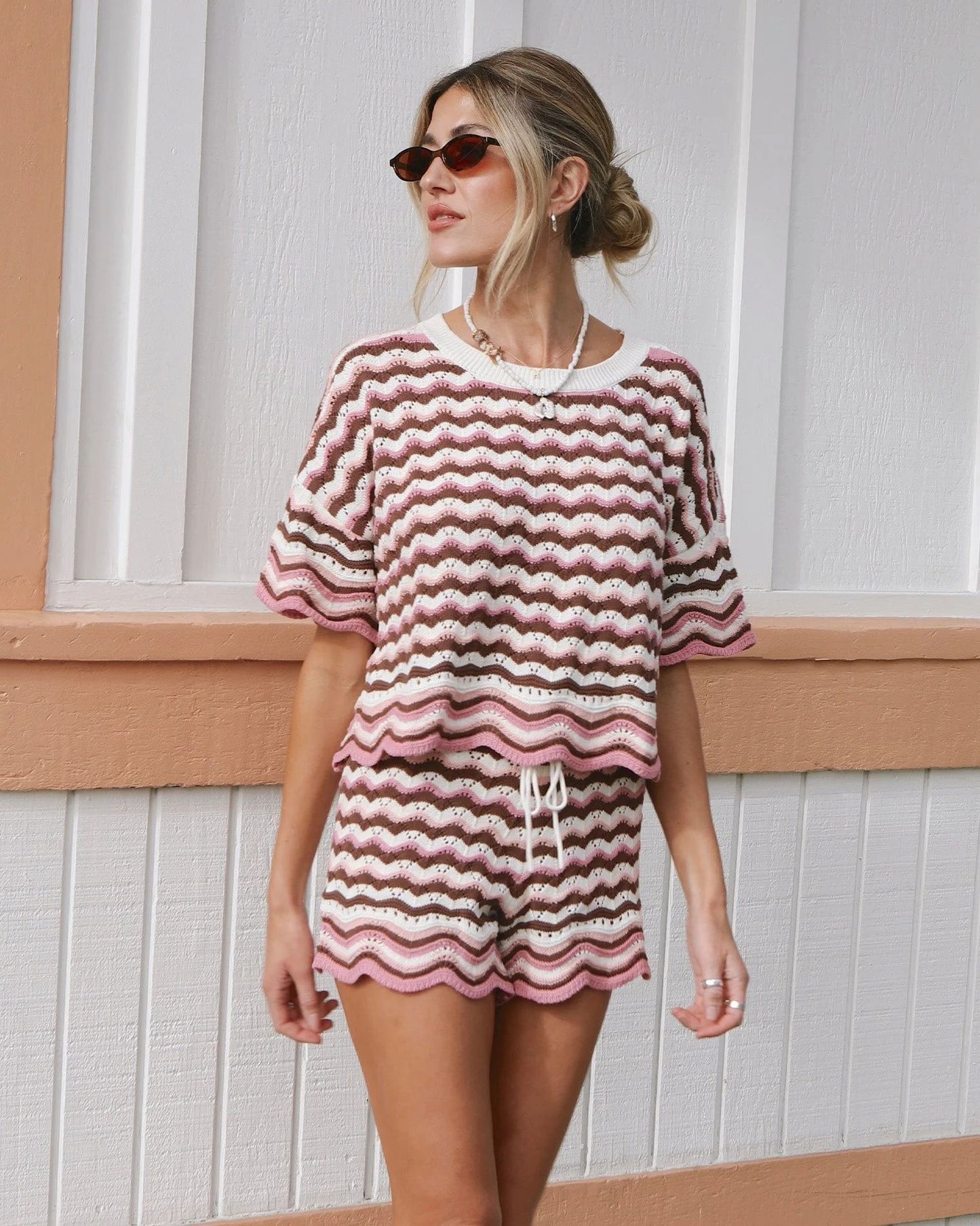 Heping Stripe Knit Shorts Set In Pink