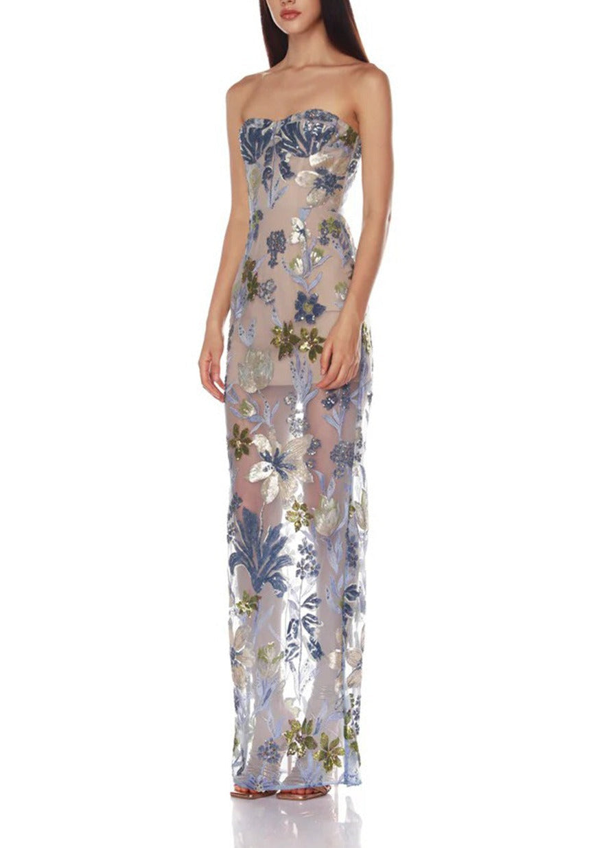 Denice Strapless Sequin Floral Maxi Dress