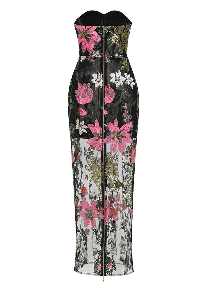 Denice Sequin Floral Mesh Maxi Dress