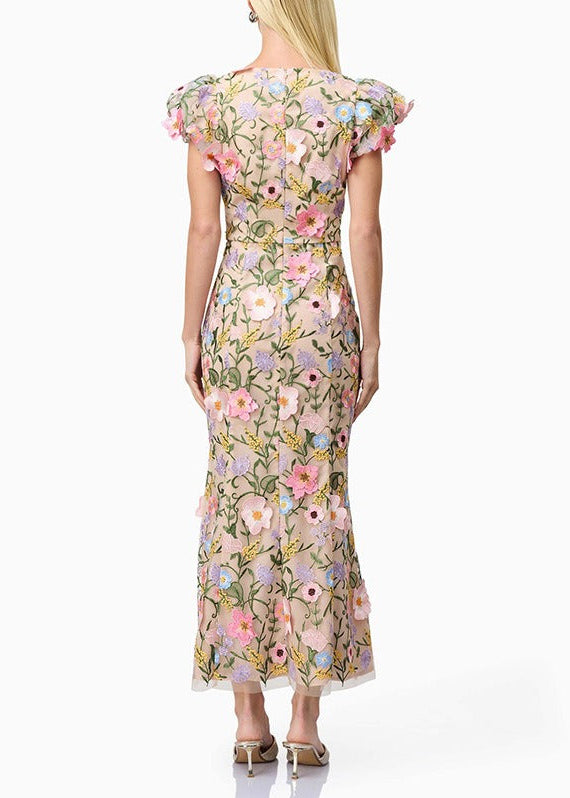 Kale Puff Sleeve Flower Maxi Dress
