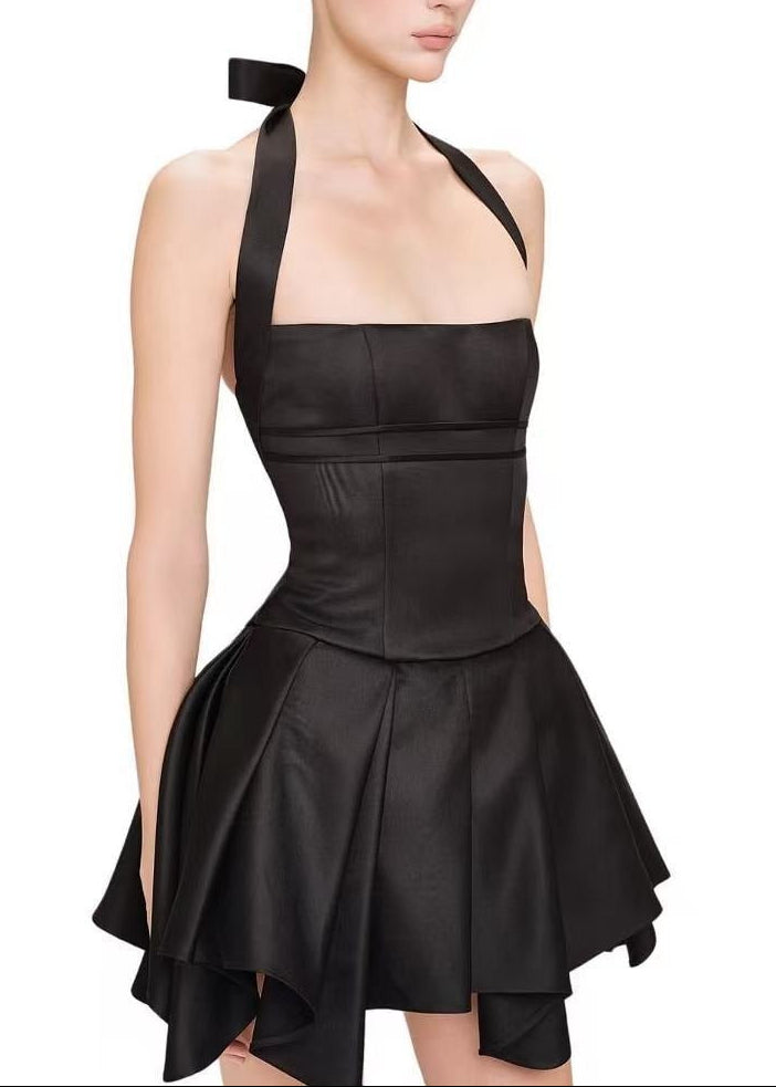 Firmina Halter Neck Silky Mini Dress In Black