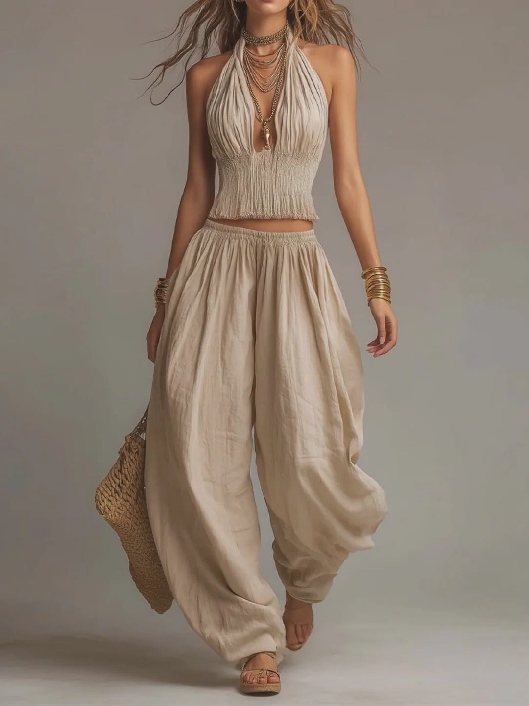 Janey Linen Halter Harem Pants Set