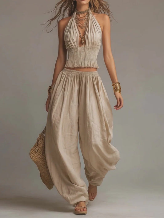 Janey Linen Halter Harem Pants Set