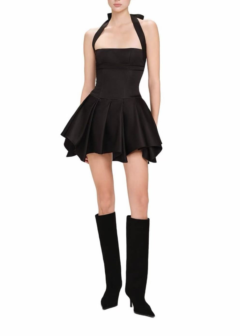 Firmina Halter Neck Silky Mini Dress In Black