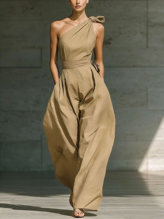 Herse One Shoulder Twist Baggy Jumpsuit In Khaki