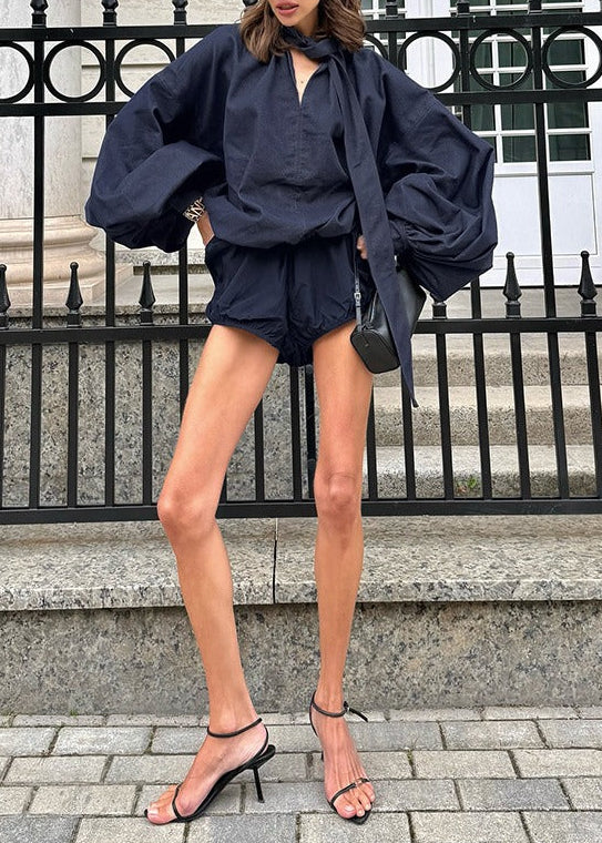 Erdene Balloon Sleeve Tie Up Bubble Shorts Set