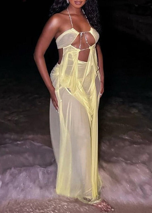 Emilia Plunge Chain Asymmetric Maxi Dress In Yellow