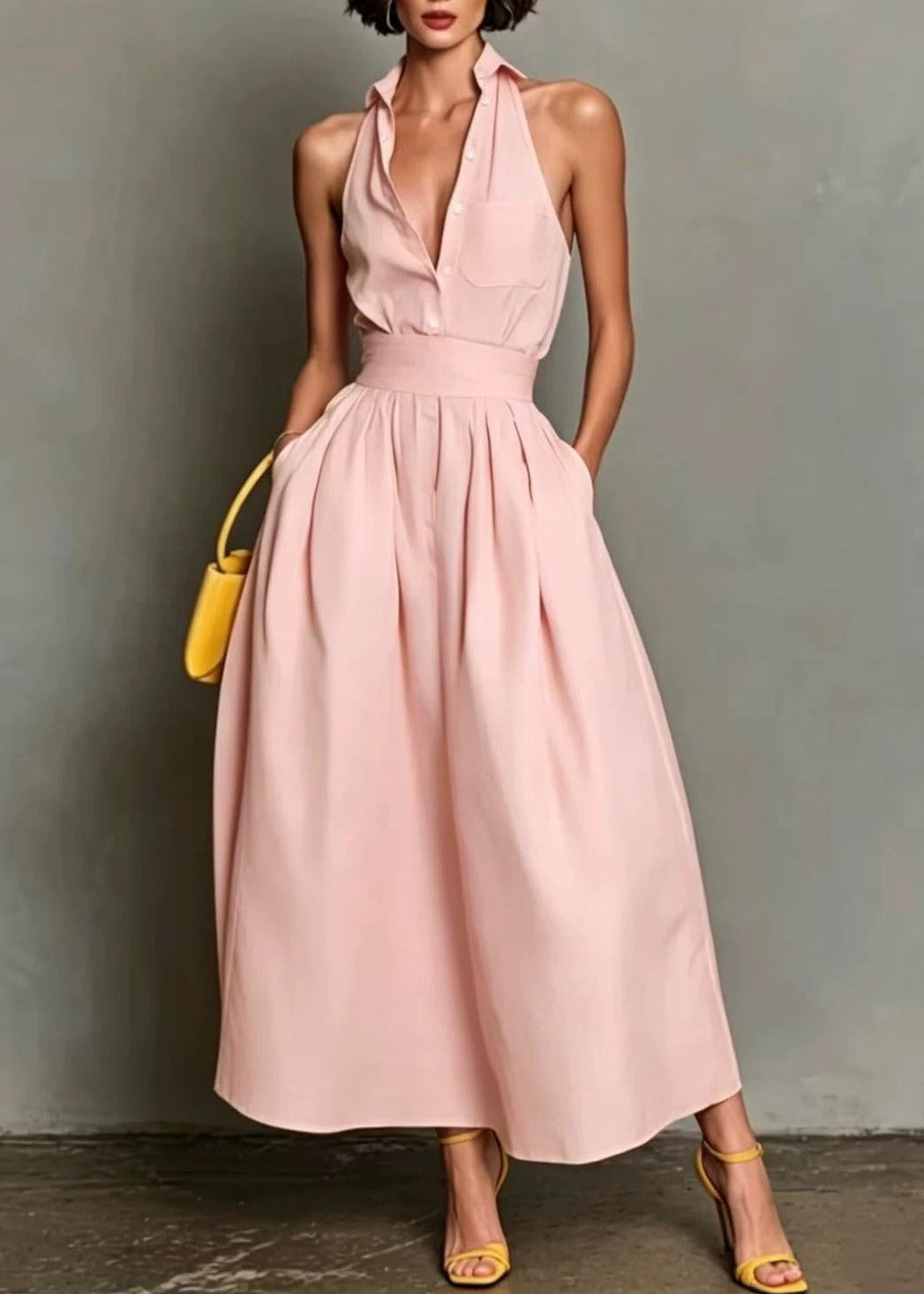 Kameryn Halter Neck Stripe Maxi Dress In Pink