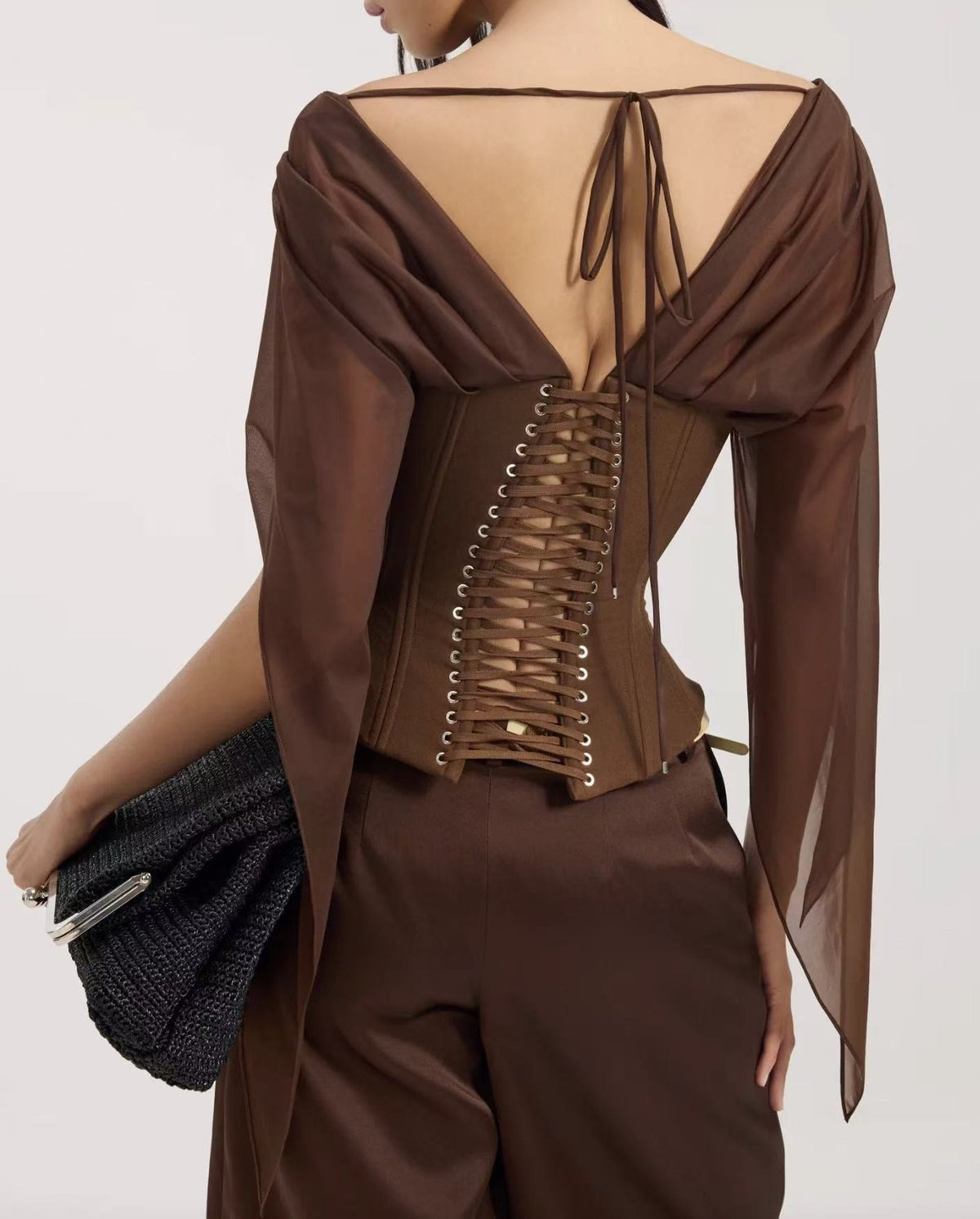 Hermanni Plunge Mesh Corset Top In Brown