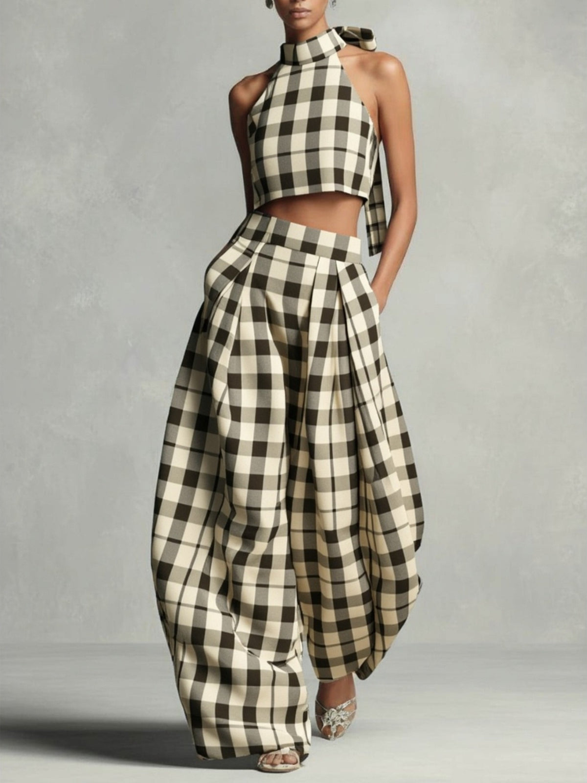 Herlequin Halter Neck Grid Baggy Pants Set