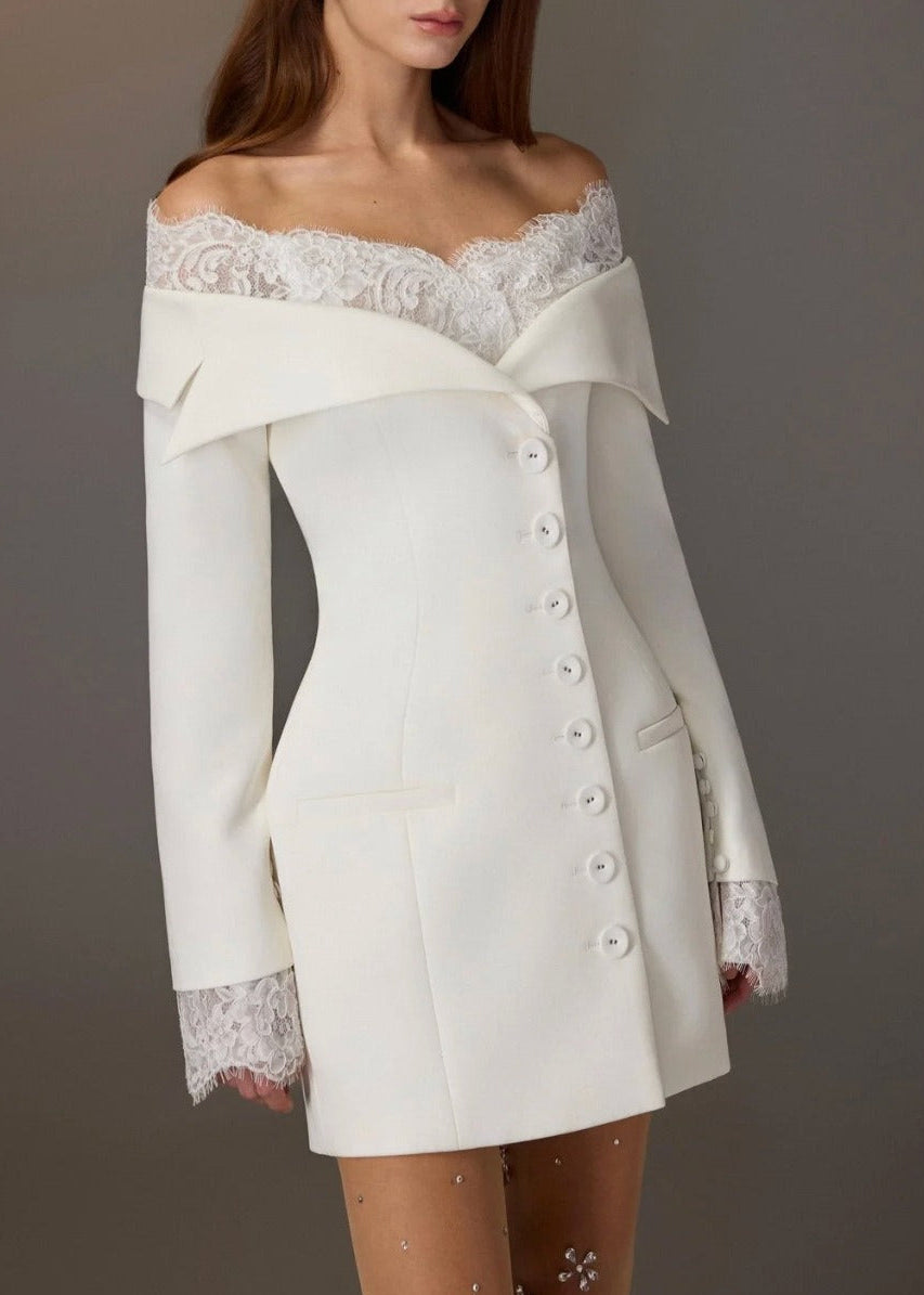 Keften Off Shoulder Lace Button Up Mini Dress