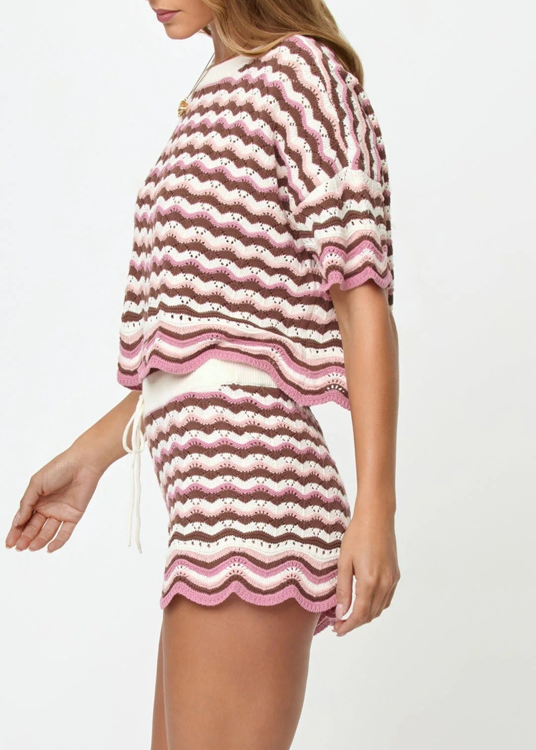 Heping Stripe Knit Shorts Set In Pink