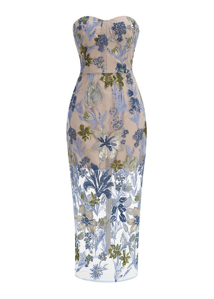 Denice Strapless Sequin Floral Maxi Dress