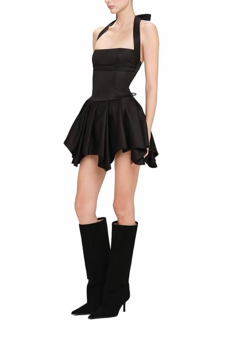 Firmina Halter Neck Silky Mini Dress In Black