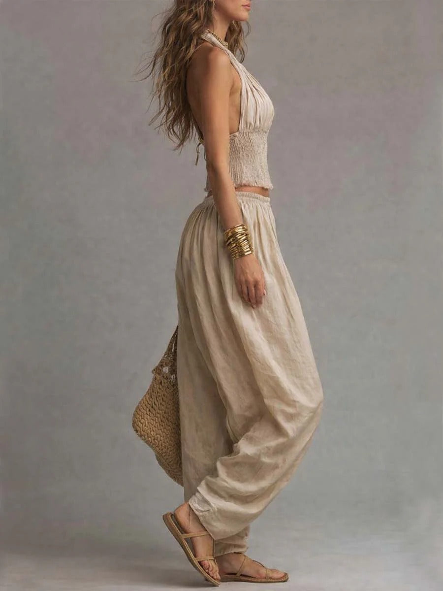 Janey Linen Halter Harem Pants Set