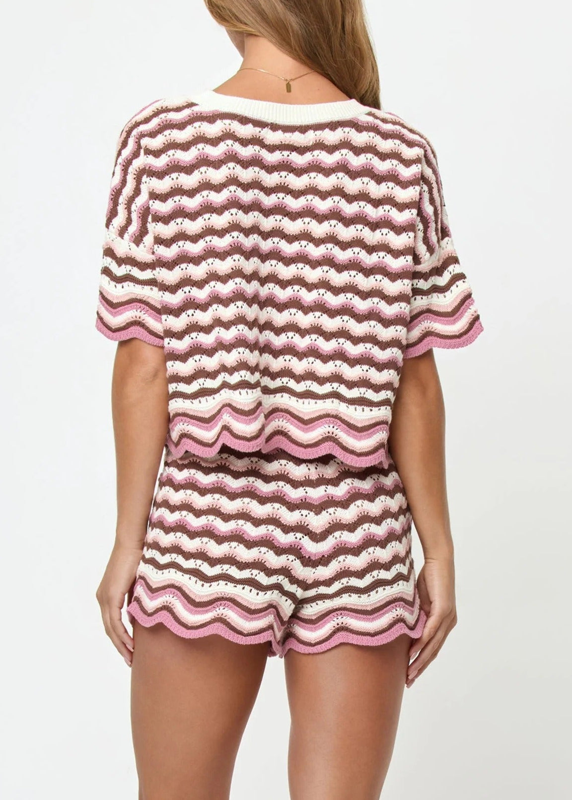 Heping Stripe Knit Shorts Set In Pink