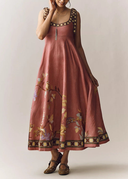 Jaxx Tie Up Print Midi Dress In Rust