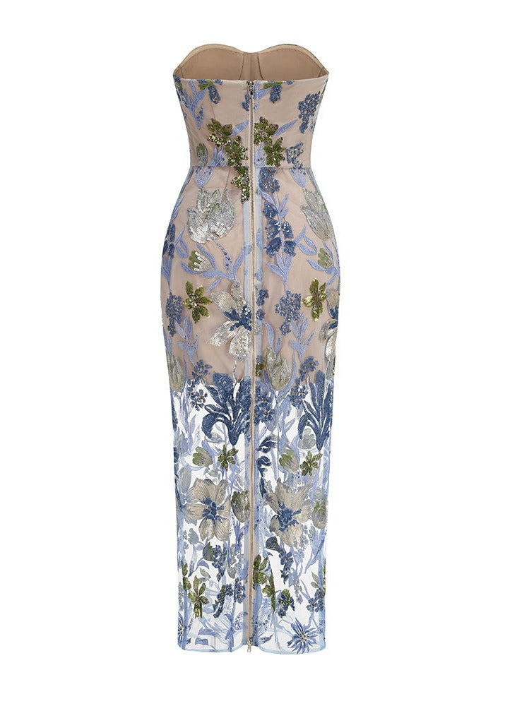 Denice Strapless Sequin Floral Maxi Dress