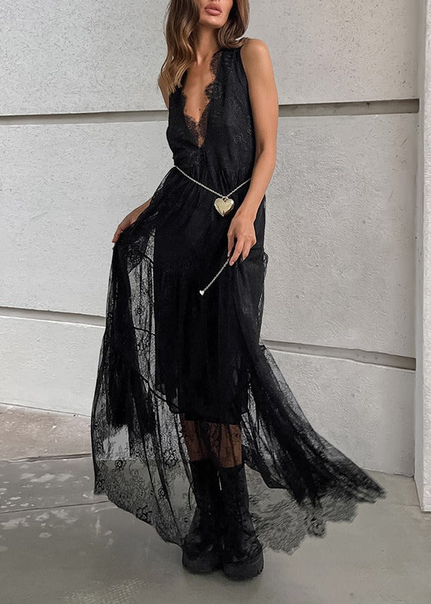 Imran Plunge Lace Maxi Dress In Black