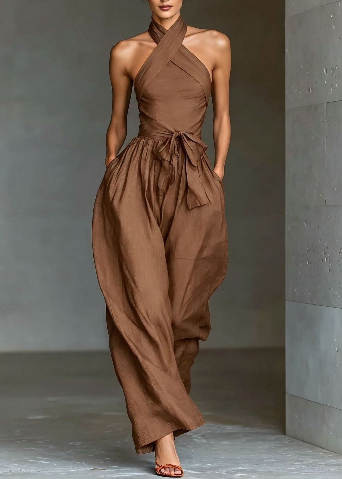 Kalare Halter Neck Tie Up Baggy Jumpsuit In Green