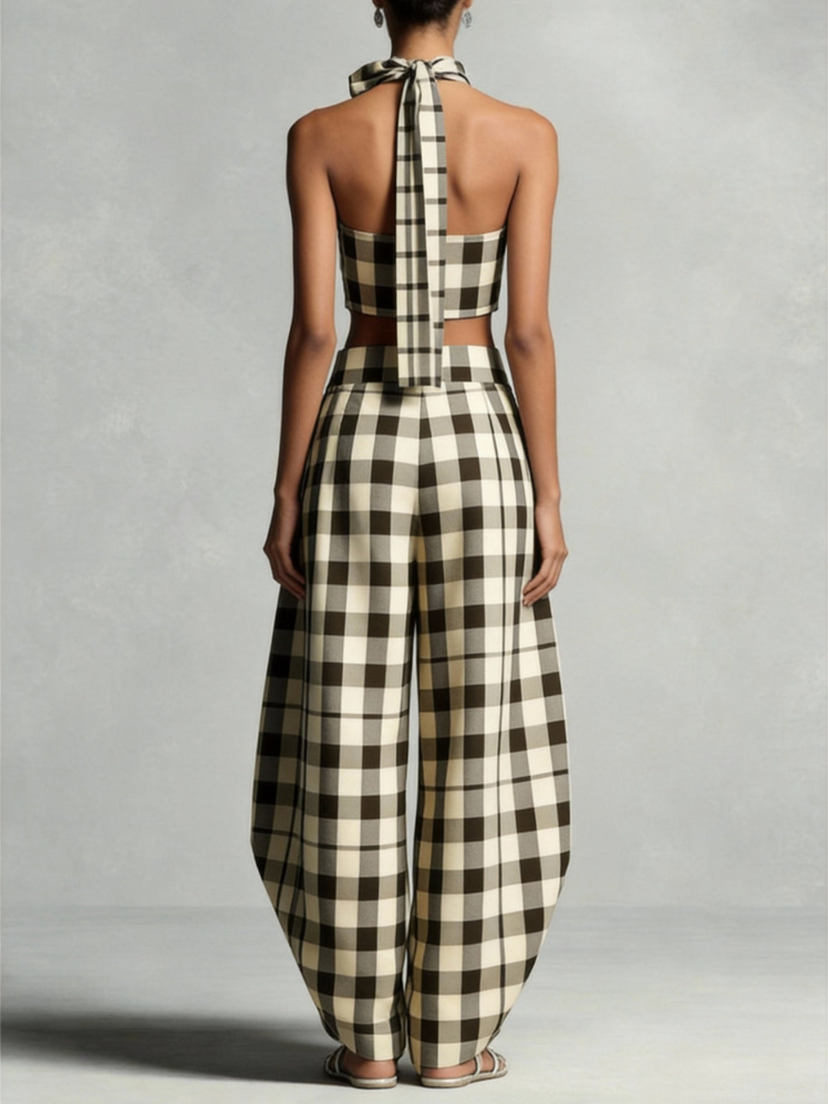 Herlequin Halter Neck Grid Baggy Pants Set