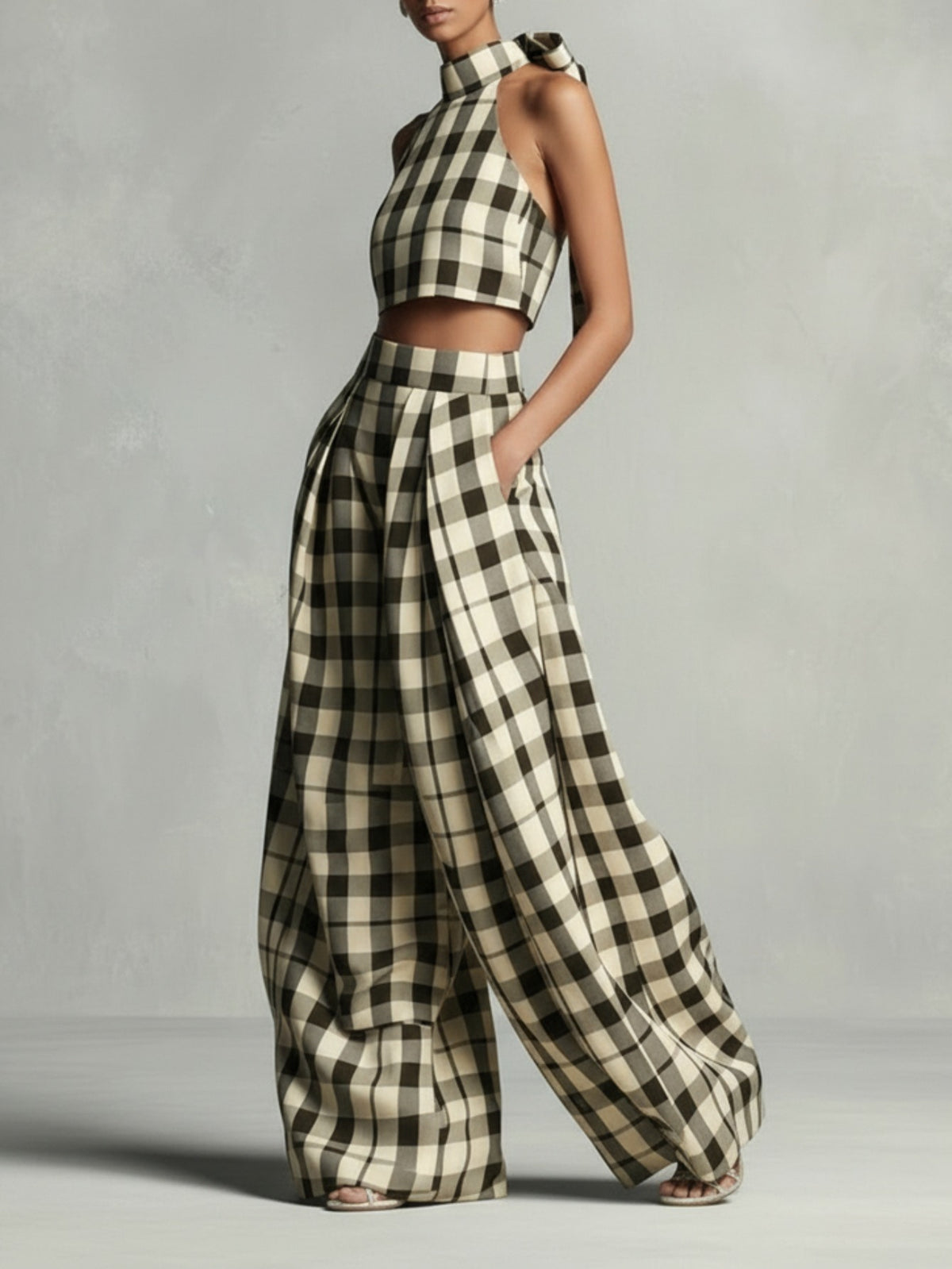 Herlequin Halter Neck Grid Baggy Pants Set