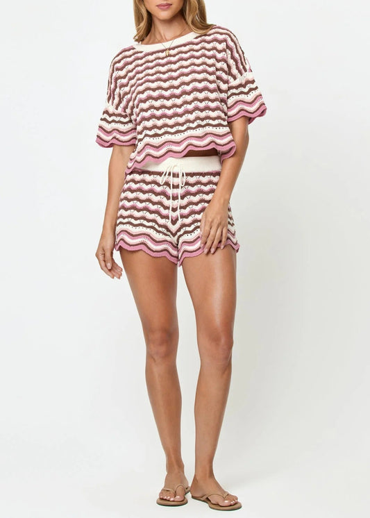 Heping Stripe Knit Shorts Set In Pink