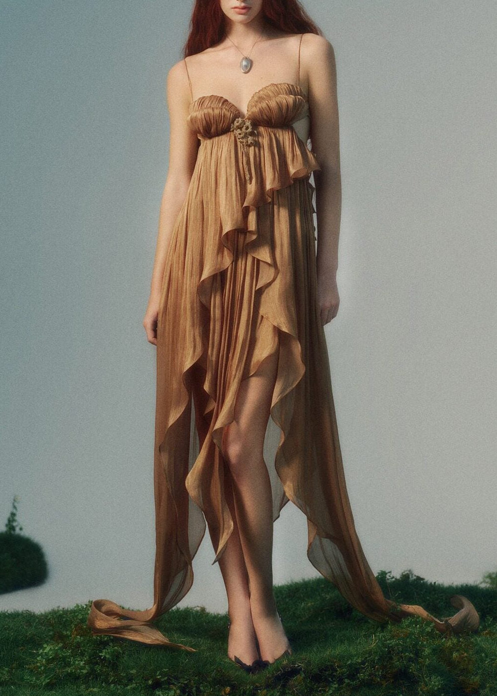 Ippolito Spaghetti Ruch Ruffle Maxi Dress
