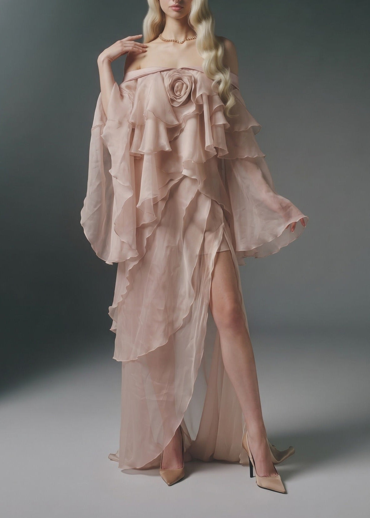 Krypto Off Shoulder Flower Rufffle Maxi Dress