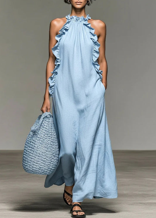 Inmaculada Halter Neck Ruffle Maxi Dress In Blue