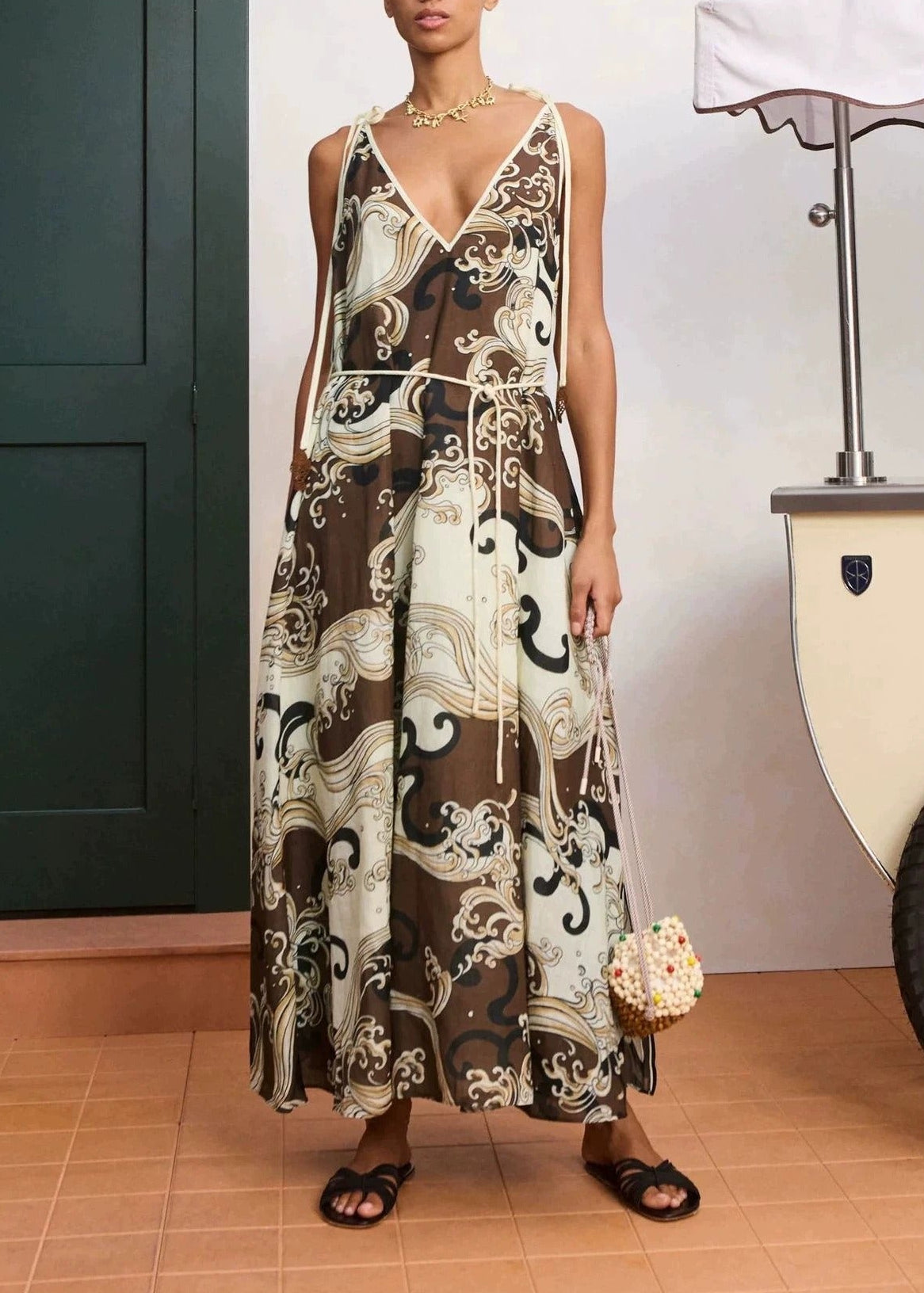 Kennice V Neck Tie Up Print Maxi Dress
