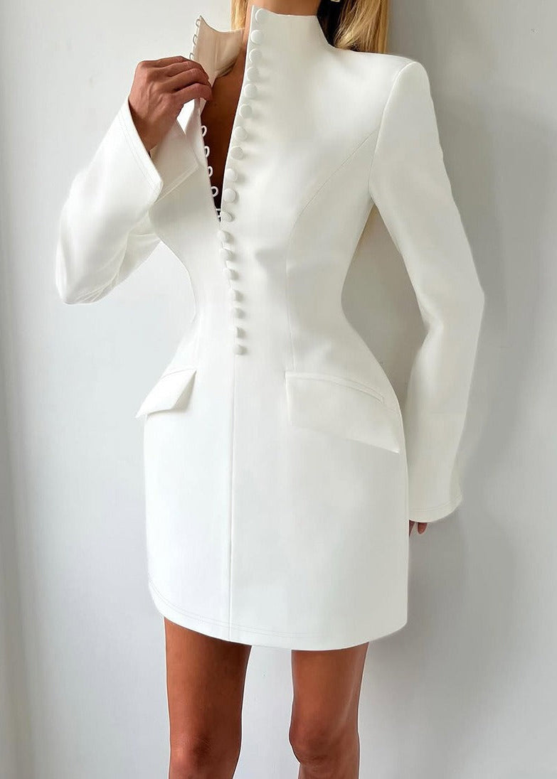Erramun Long Sleeve Button Mini Dress In White