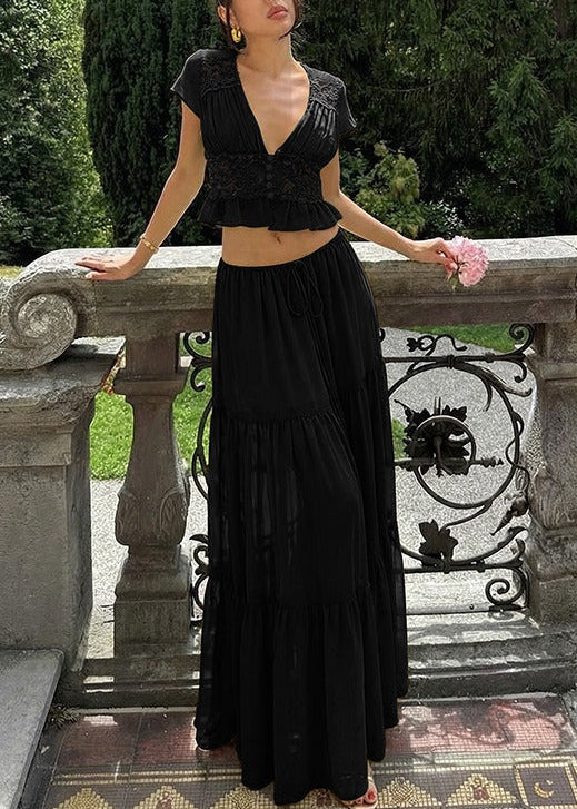 Flaviu Crop Lace Skirt Set In Black