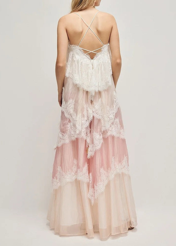 Elric Spaghetti Hayley Lace Maxi Tiered Dress Pink