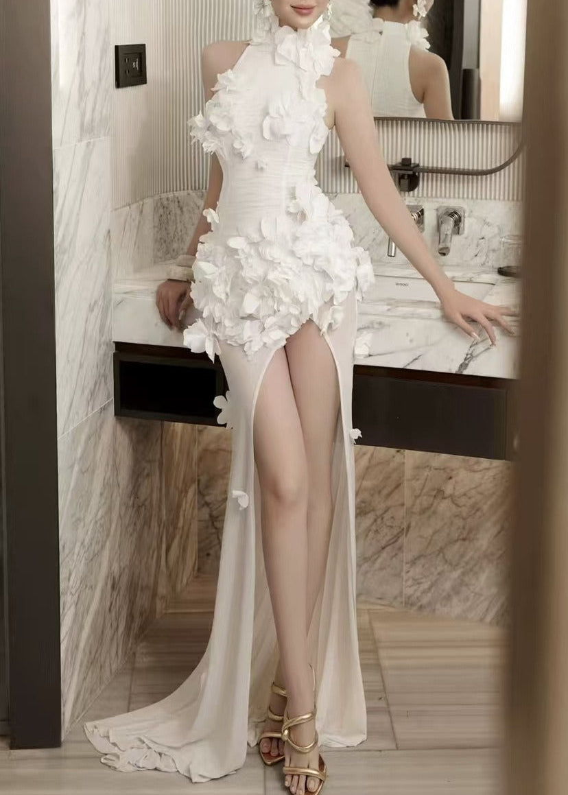 Fatih Flower High Split Mesh Maxi Dress