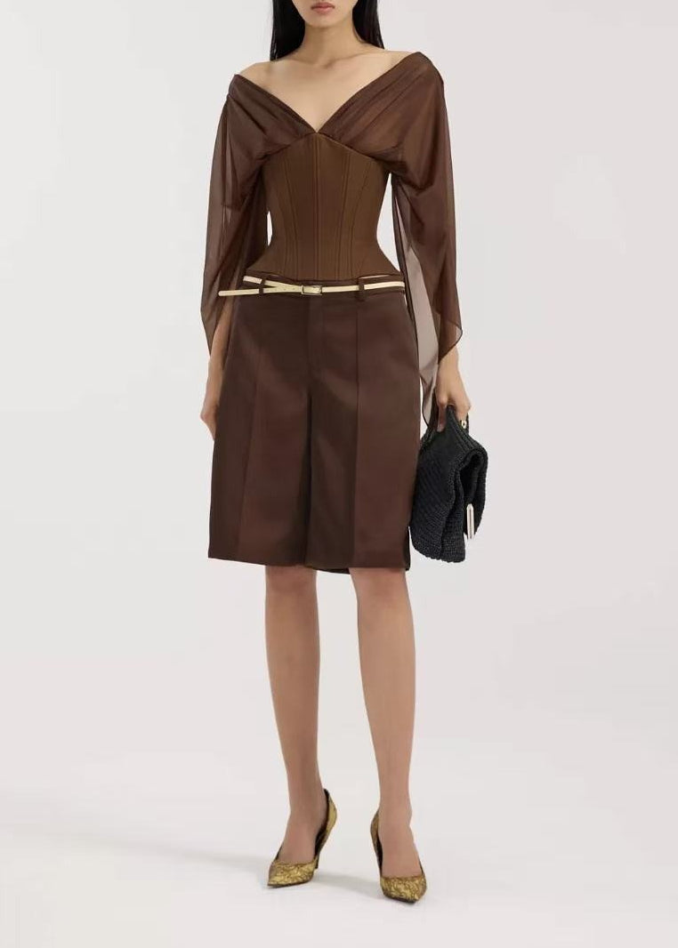 Hermanni Plunge Mesh Corset Top In Brown