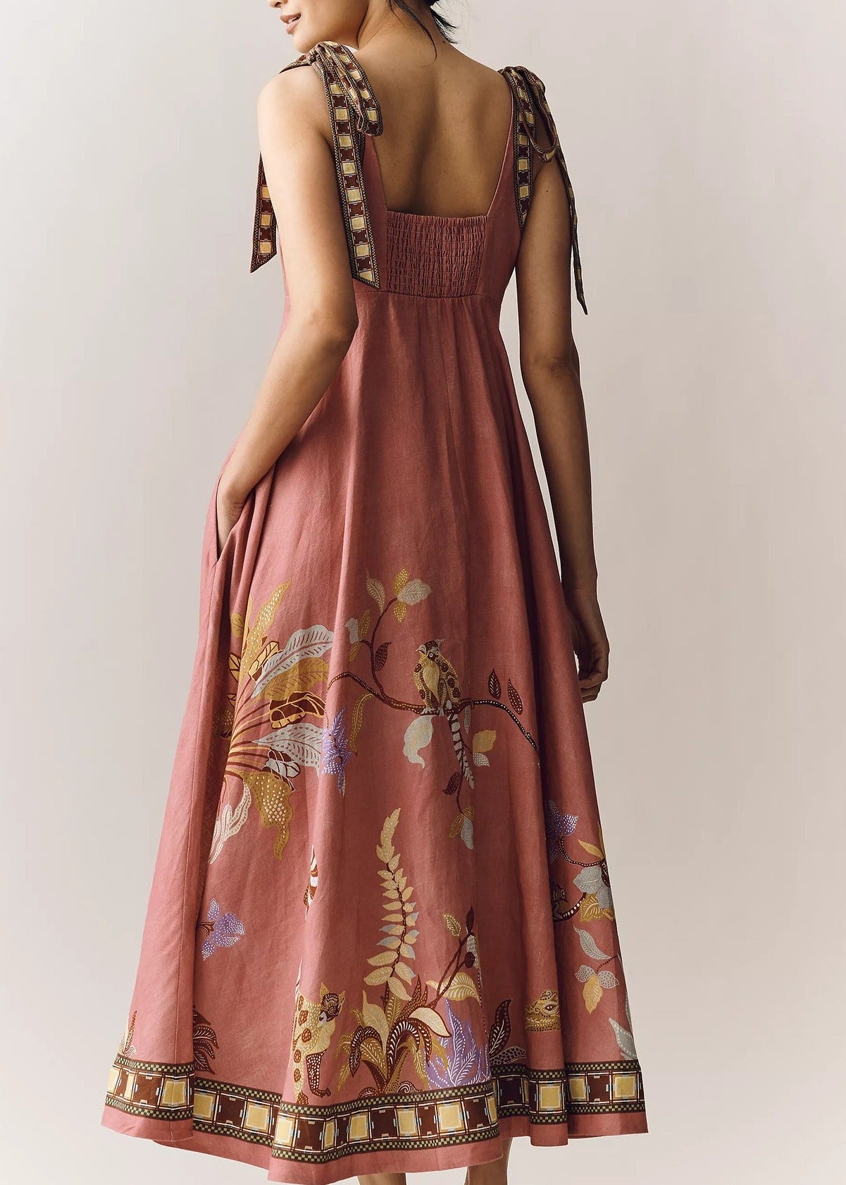 Jaxx Tie Up Print Midi Dress In Rust