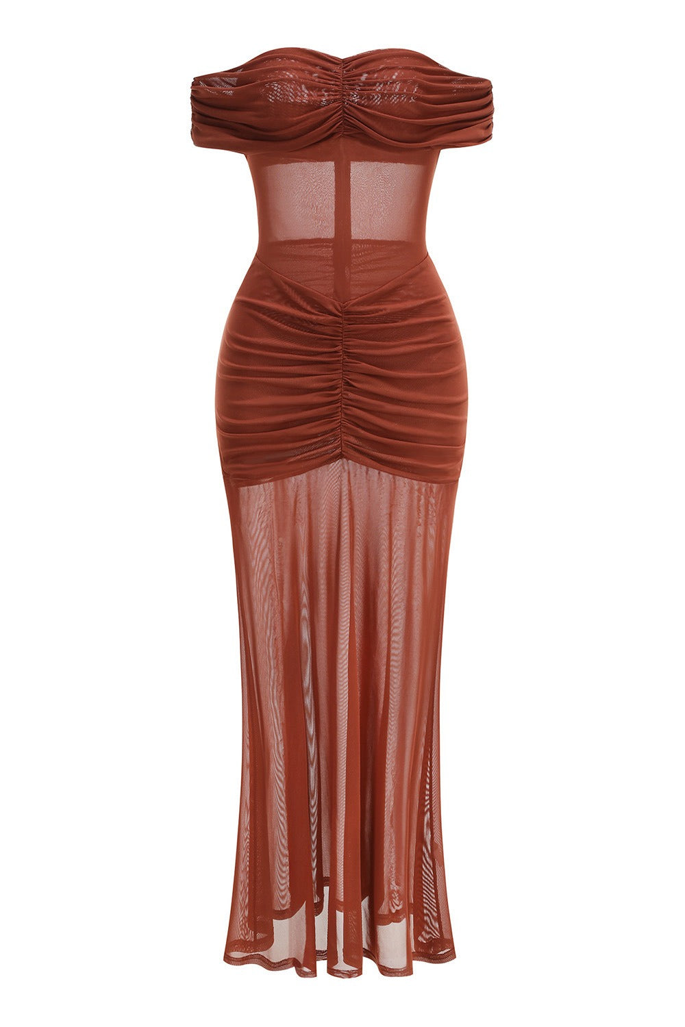 Franze Off Shoudler Mesh Ruch Maxi Dress