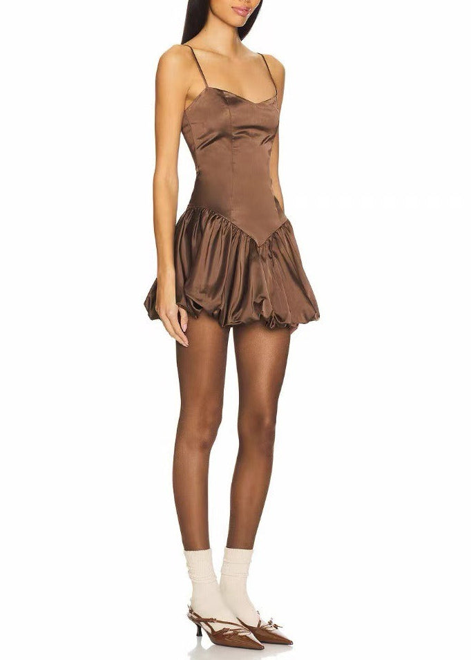Debra Satin Bubble Mini Dress In Khaki
