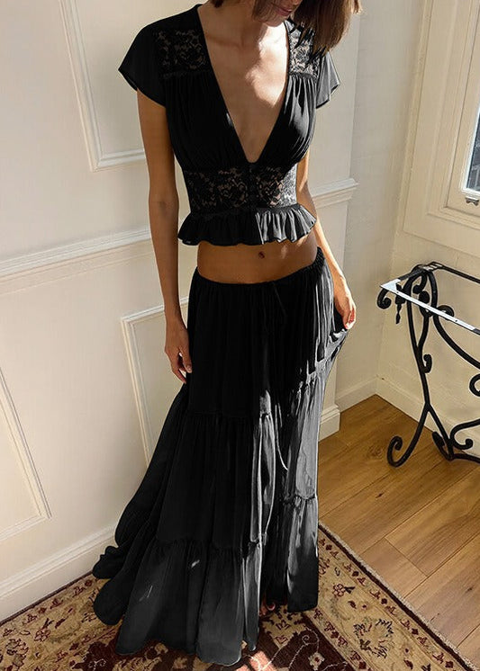 Flaviu Crop Lace Skirt Set In Black